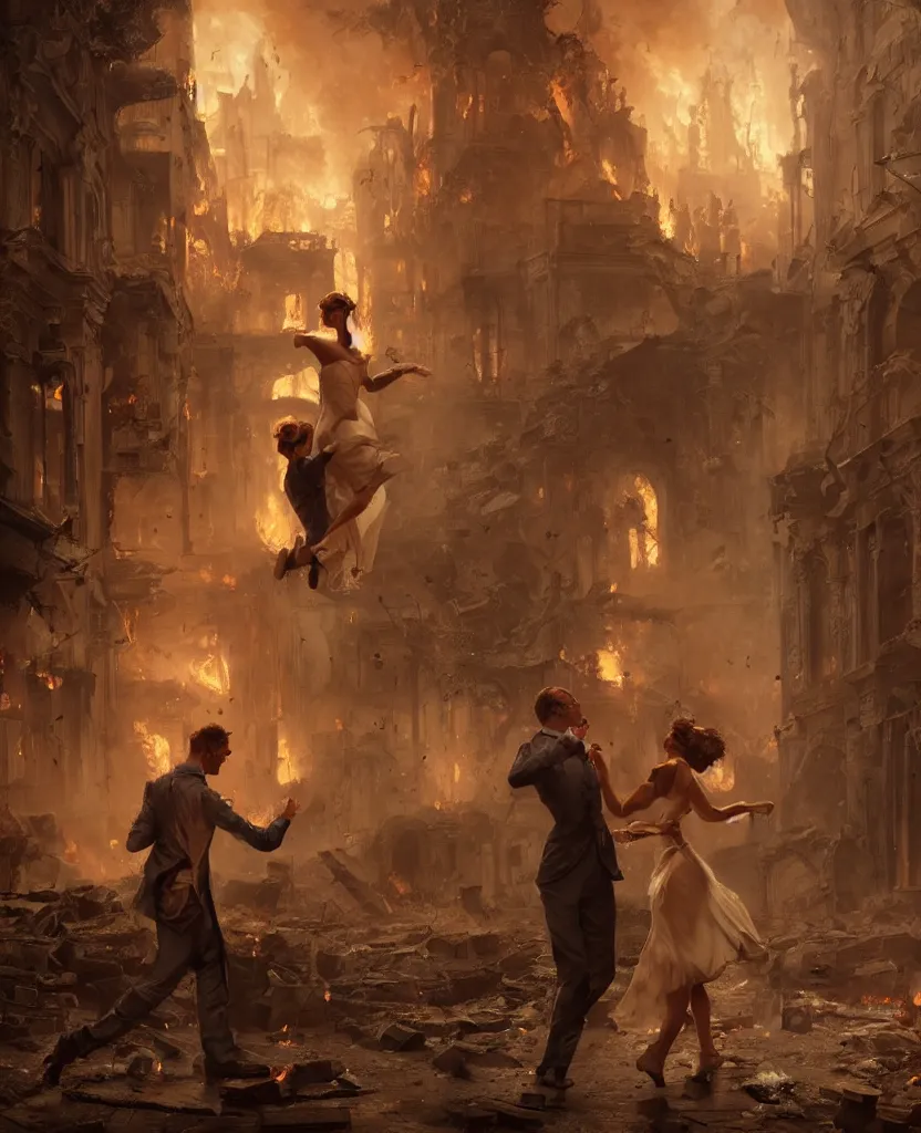 Prompt: concept art of one couple dancing in the middle of ruins of a victorian city surronded by fire by j. c. leyendecker, wlop, ruins, dramatic, octane render, epic painting, extremely detailed, 8 k