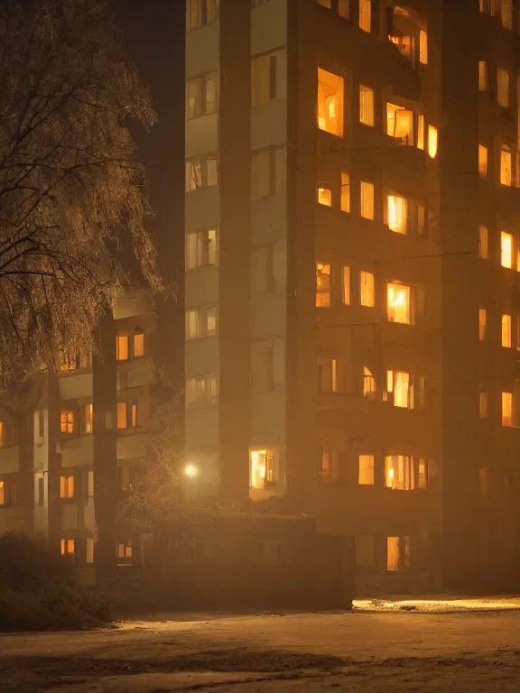 Image similar to film still of low residential building in russian suburbs, lights are on in the windows, deep night, post - soviet courtyard, cozy atmosphere, light fog, street lamps with orange light, several birches nearby, several elderly people stand at the entrance to the building