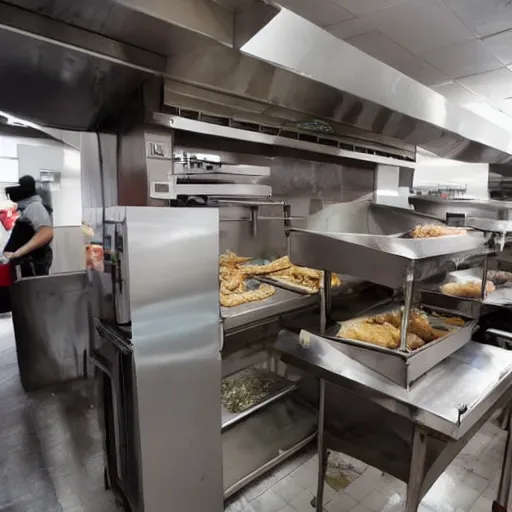 Prompt: fast food restaurant kitchen filled with rats all over