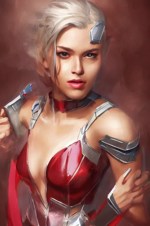 Image similar to three quarters portrait pose of a beautiful woman,super hero costume,heroic pose,highly detailed, digital painting,illustration, art by Stanley Lau