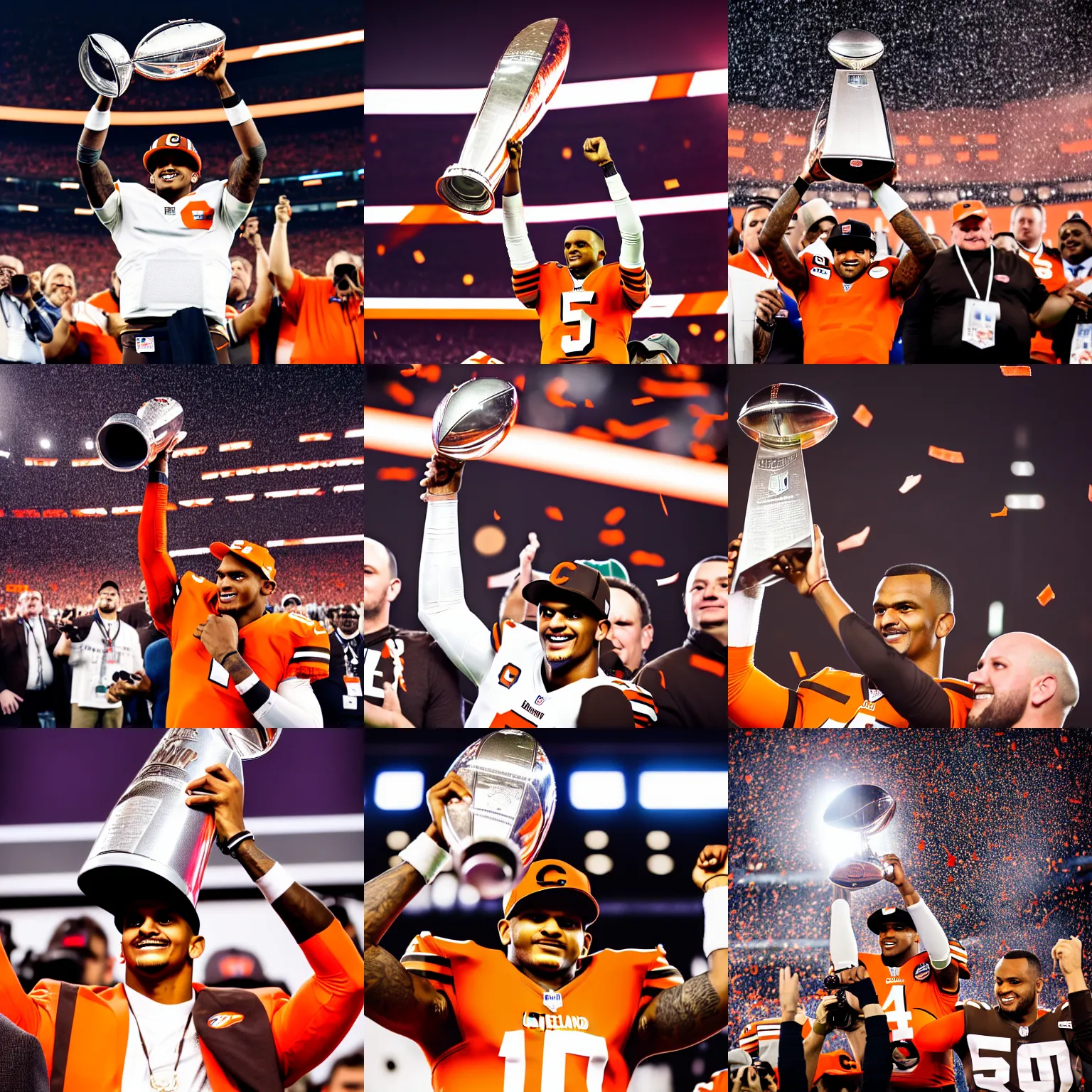 Prompt: photograph of cleveland browns qb deshaun watson lifting super bowl lombardi trophy, 5 0 mm lens