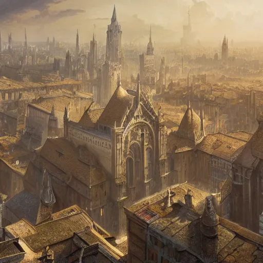 Image similar to an ultra detailed matte painting of the capital city of galic, grid shaped city cobblestone streets, fantasy capital city, light snowfall, wind, inspiring gothic architecture, ultrawide lense, aerial photography, unreal engine, exquisite detail, 8 k, art by greg rutkowski and alphonse mucha