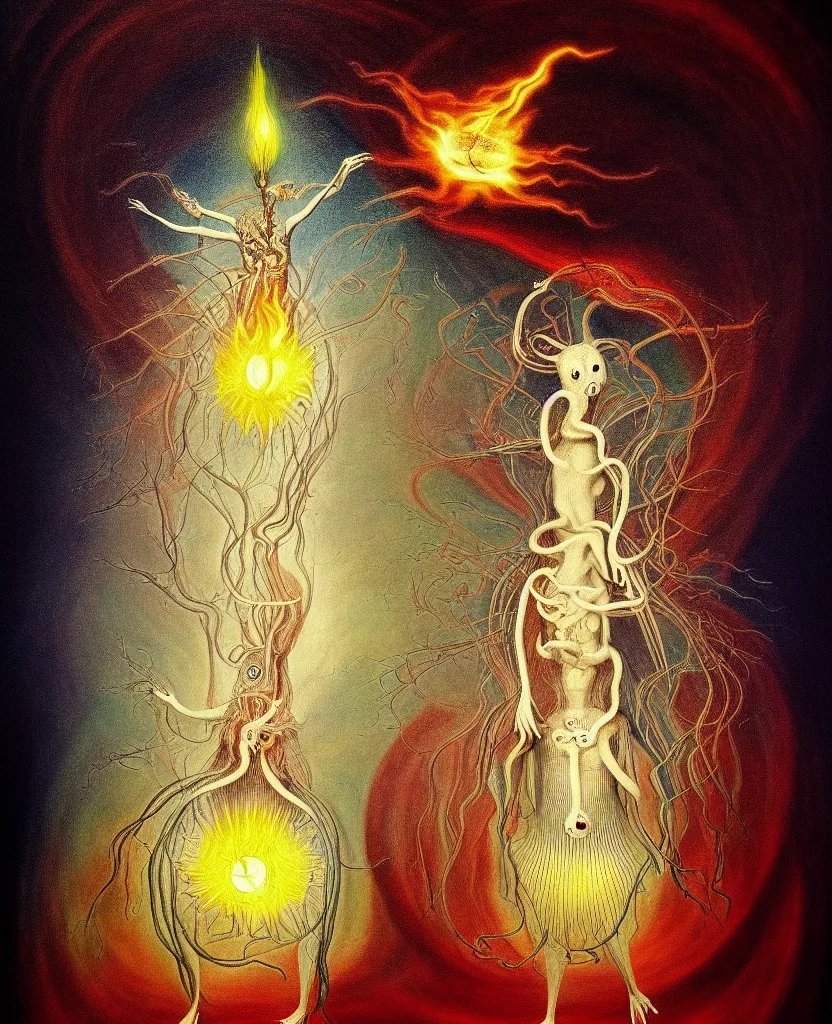 Image similar to whimsical freaky creature sings a unique canto about'as above so below'being ignited by the spirit of haeckel and robert fludd, breakthrough is iminent, glory be to the magic within, painted by ronny khalil