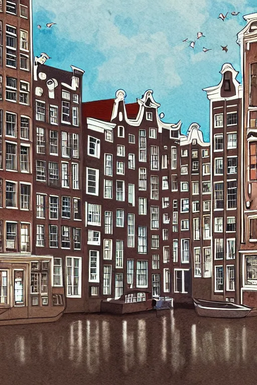 Image similar to alone in amsterdam, realistic, art by jacqueline e, color by tafy laplanche, background by bo feng lin