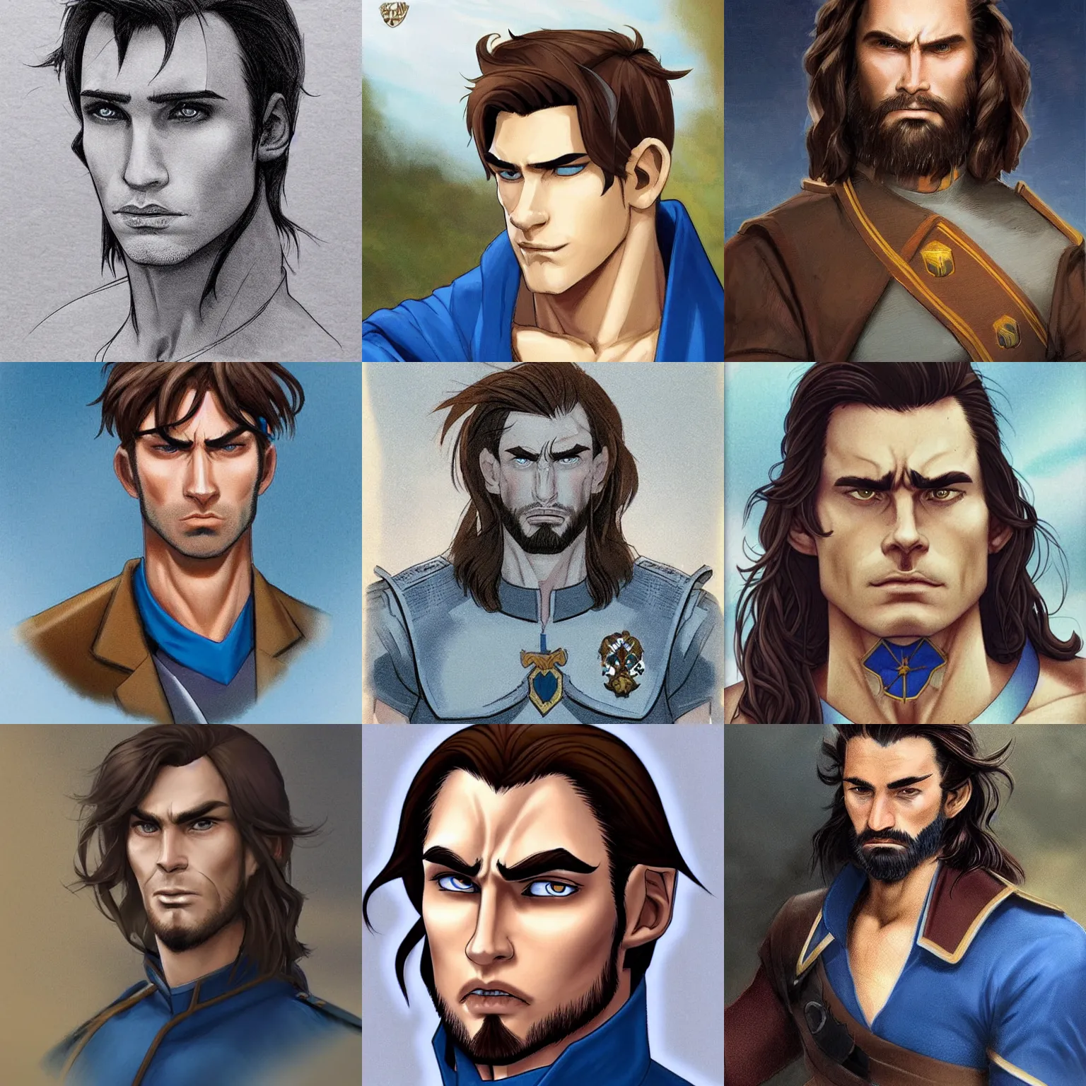 Prompt: a young man with shoulder length brown hair. blue uniform. scar on his forehead!! serious expression, handsome, rugged, kaladin stormblessed, way of kings, artgerm, portrait