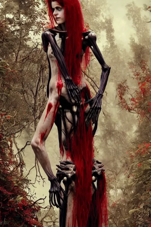 Image similar to woman black skeleton body covered with blood, alexandra daddario face, long red hair, ultra realistic, concept art, intricate details, highly detailed, photorealistic, octane render, 8 k, unreal engine. retro film still, heavy grain, 3 5 mm, art by artgerm and greg rutkowski and alphonse mucha