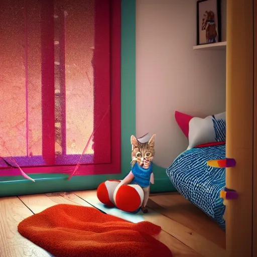 Prompt: eye - level view, in a child's bedroom filled with toys there is a bed under a window with a colorful bedspread. a super cute maine coon kitten runs and jumps and plays with cat toys on the bed. hilarious, funny, back to school comedy, cg animation, 3 d octane render, imax 7 0 mm,