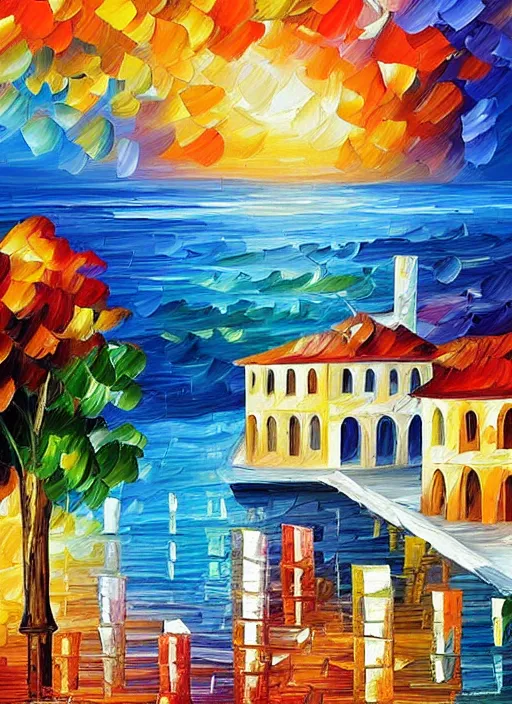 Image similar to beautiful seaside greek village in the style of leonid afremov