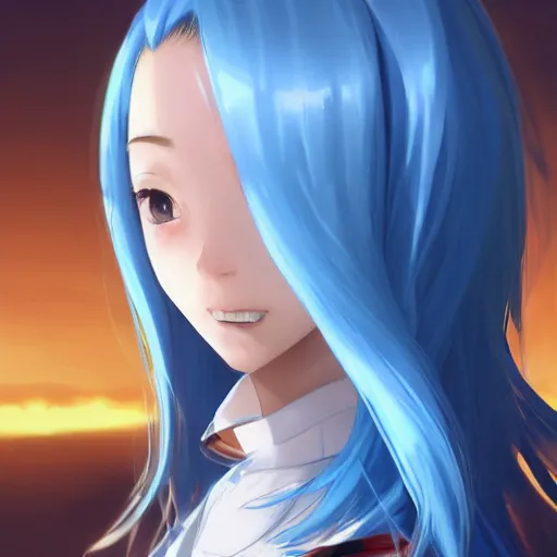 Image similar to profile shot of rimuru tempest looking forward, sky blue hair, straight hair, pretty, long bangs, gold amber eyes, black jacket with white stripes and a high frilly collar, highly detailed, unreal engine 5, digital painting, concept art, cinematic, wlop | artgerm, pixiv, ilya kuvshinov, greg rutkowski