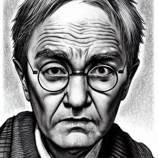 Prompt: a close up portrait of harry potter as an old man, focused gaze, art station, highly detailed, concept art, sharp focus, illustration in pen and ink, wide angle, by kentaro miura