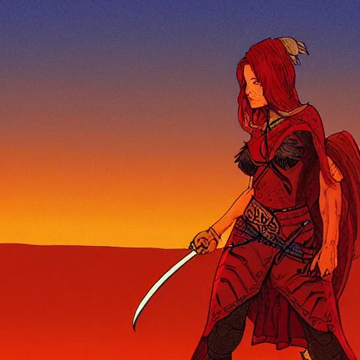 Prompt: warrior princess with red armor in the desert by night, moebius, Jean Giraud, landscape, epic, artstation, dusk