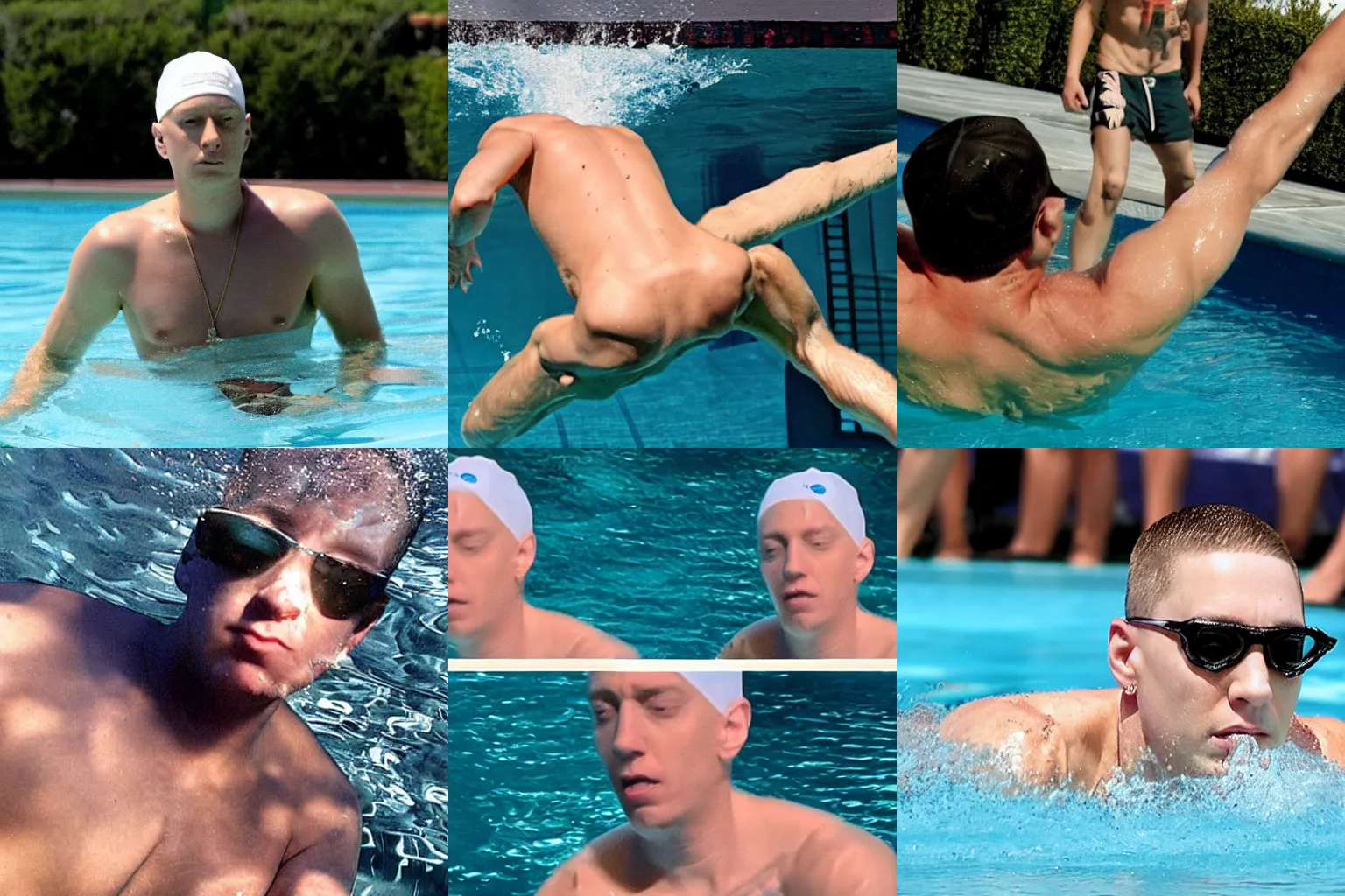Prompt: Eminem swimming in the pool