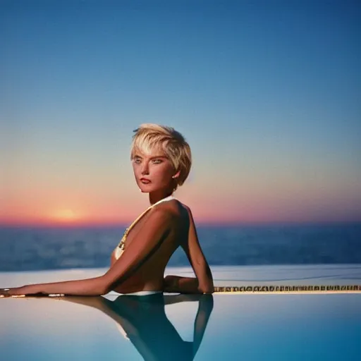 Prompt: a realistic portrait of a beautiful woman with short messy blond hair, look like model, wearing diamond earrings and necklace and rings, swimming in the pool, skinny, sunset, los angeles landscape on background, 1 9 7 0 film photography