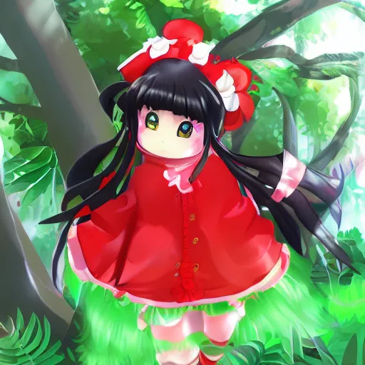 Prompt: reimu in the jungle wearing bonnet