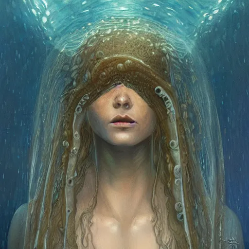 Image similar to vertical eyes, tentacle-enabled underwater human descendant, futuristic painting by jim burns, edward burne-jones, krenz cushart, dagon, hd 8k