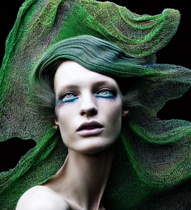 Image similar to photography face portrait of one female fashion model in rainforest, wearing one organic futurist shawl designed by iris van herpen,, creative colorfull - makeup, curly hair style half _ long, photography by paolo roversi nick knight, helmut newton, avedon, and araki, sky forest background, natural pose, highly detailed, skin grain detail