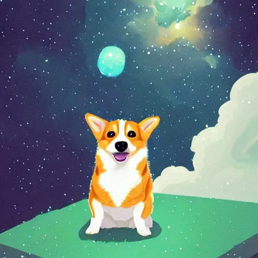 Image similar to adorable corgi puppy in space, starry background, beautiful digital painting by simon stalenhag, magical, intense, cool