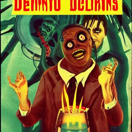 Prompt: a horror pulp fiction book cover from the 1 9 7 0 s about demons, monsters and aliens science fiction existential confusion
