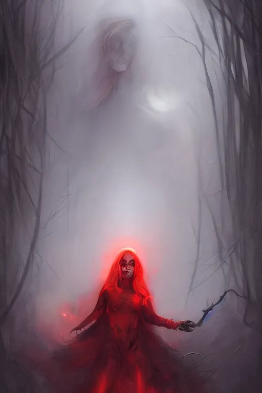 Prompt: A scary painting of a single woman inside with red eyes by Jordan grimmer, Tom Bagshaw, Todd Lockwood, nightmare scape, dark atmospheric lighting, cemetery, ground fog, digital paint, Trending on artstation, artstationHD, artstationHQ, 4k, 8k