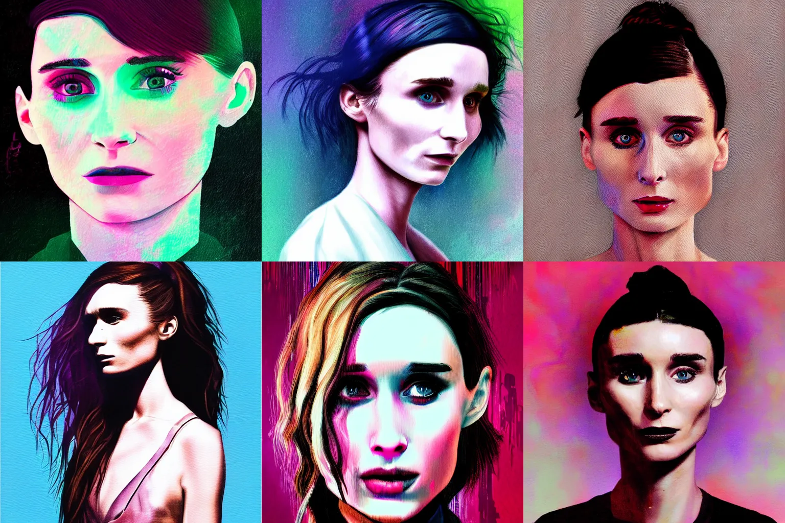 Prompt: high quality portrait of rooney mara painted by mad dog jones, synthwave style