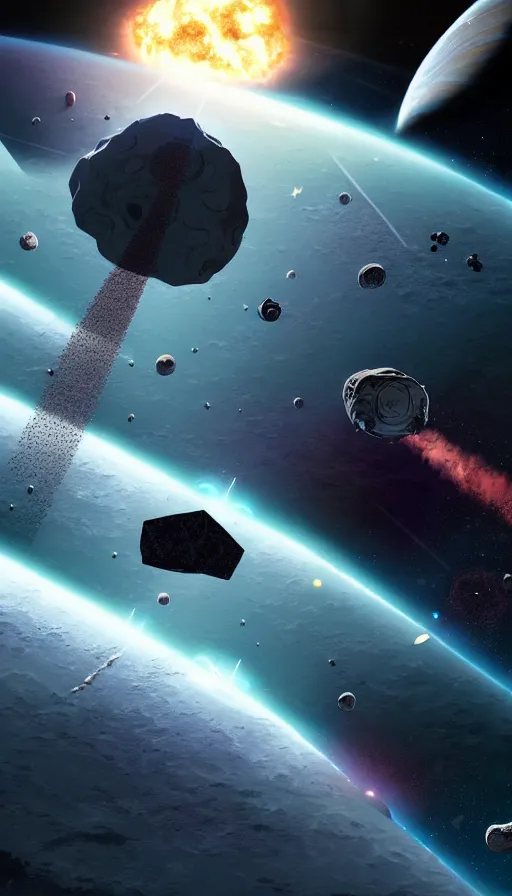 Prompt: Sci-fi illustration of a asteroid crushing space station by Pascal Blanché