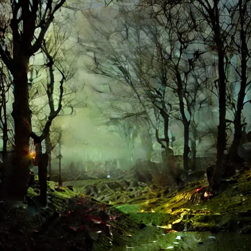 Image similar to A Landscape by Peter Mohrbacher and John Atkinson Grimshaw