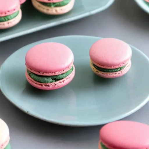 Prompt: needles and pins sticking out of macaron on a tiny plate