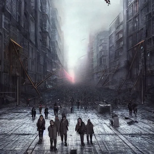 Image similar to hordes of drone-like people aimlessly walking around a depressing dystopian cityscape , trending on artststion, hyper realistic, surreal, melancholic, 8k, upscaled