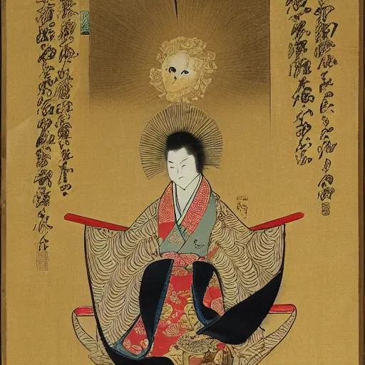 Image similar to a golden deity with the head of the baby harp seal, radiating golden light, wearing royal kimono, Japanese ink drawing from 1700