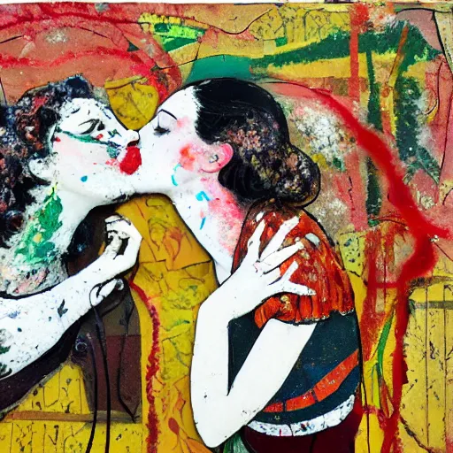 Prompt: two women kissing at a carnival in spring, mixed media collage, retro, paper collage, magazine collage, acrylic paint splatters, bauhaus, claymation, layered paper art, sapphic visual poetry expressing the utmost of desires by jackson pollock