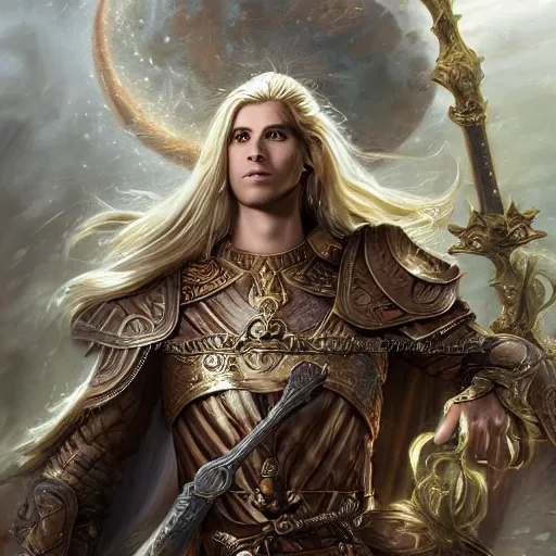 Image similar to Full body shot of beautiful male cleric with long flowing blonde hair wearing burnished bronze armour emblazoned with a swan on the breastplate. Wielding a magical scimitar embossed with the phases of the moon. Magic, bright divine lighting, flux. High fantasy, digital painting, HD, 4k, detailed by Ruan Jia