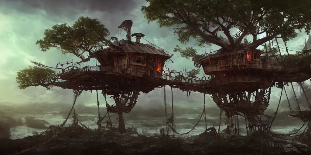 Image similar to A treehouse made out of a derelict pirate ship, torn sails, cargo net, crows nest, the treetops of giant oaks, game art matte painting hyperdetailed, artstation, cgsociety, 8k, surreal dream landscape