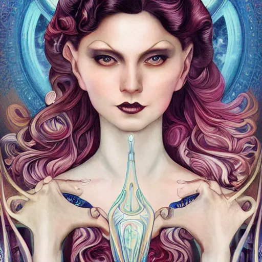 Image similar to an art nouveau, ( streamline moderne ), multi - racial portrait in the style of anna dittmann and donato giancola and chanthara. very large, clear, expressive, and intelligent eyes. centered, ultrasharp focus, dramatic lighting, photorealistic digital matte painting, intricate symmetrical ultra detailed background.