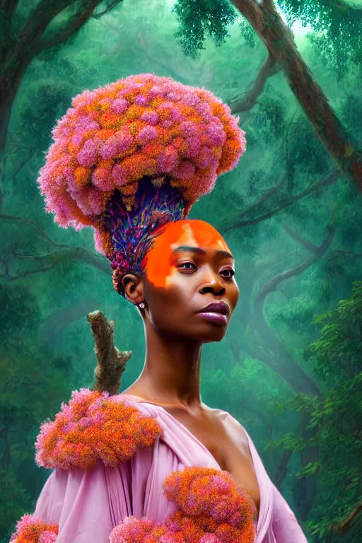 Image similar to hyperrealistic post - rococo cinematic super expressive! yoruba goddess with exoskeleton armor, merging with tree in a forest, pink orange flowers, highly detailed digital art masterpiece, smooth cam de leon eric zener dramatic pearlescent soft teal light, ground angle hd 8 k, sharp focus