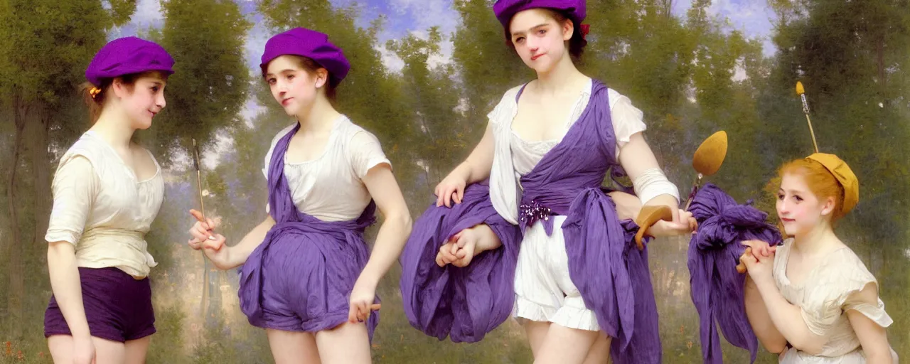 Prompt: A character sheet of full body cute magical girls with short blond hair wearing an oversized purple Beret, Baggy Purple overall shorts, Short Puffy pants made of silk, pointy jester shoes, a big billowy scarf, Golden Ribbon, and white leggings Covered in stars. Short Hair. Sunlit. Haute Couture. Art by william-adolphe bouguereau and Paul Delaroche and Alexandre Cabanel and Lawrence Alma-Tadema and Johannes Helgeson and WLOP. Smooth. Elegant. Highly Detailed. Intricate. 4K. UHD. Denoise.