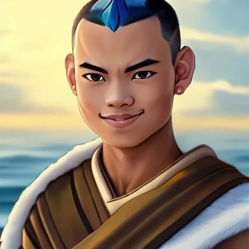 Image similar to beautiful serene intricate portrait of sokka from the water tribe as a young inuit man with light blue eyes, smiling softly, relaxing on the beach, golden hour, soft focus, 8 k, art by irakli nadar, hyperrealism, hyperdetailed, ultra realistic