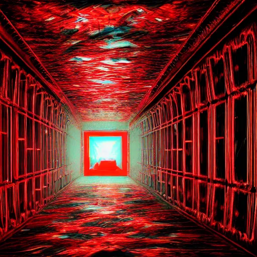 Prompt: dark matter red art house future schizophrenia limbo hipper reflection in the mirror room alone man stratification of consciousness full HD 8K resolution