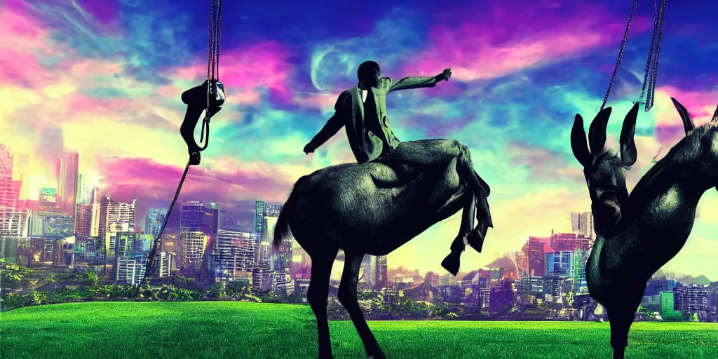 Prompt: donkey riding a tire swing, matrix style falling green text in the background, vaporwave, cyberpunk, digital art