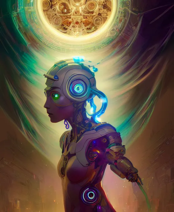 Image similar to a whirlwind of souls rushing inside the metaverse, half body, glowin eyes, tiara, pharaoh, android, cyborg, cyberpunk face, by loish, d & d, fantasy, intricate, elegant, highly detailed, colorful, vivid color, digital painting, artstation, concept art, art by artgerm and greg rutkowski and alphonse mucha