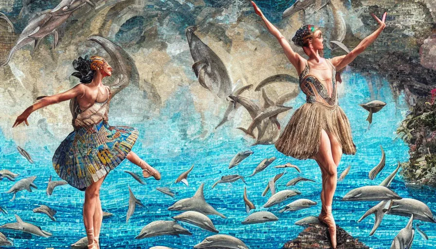 Image similar to giant roman mosaic of legendary prima ballerina in sea with fish and dolphins and waves on a natural cave wall, ornemental decoration, octane, artstation, illustration, stylised