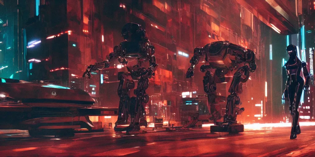 Image similar to Cyberpunk android chrome Robot dramatic movie scene, shot on imax, cinematic scene, cinematographic composition, CineStill 800T Film