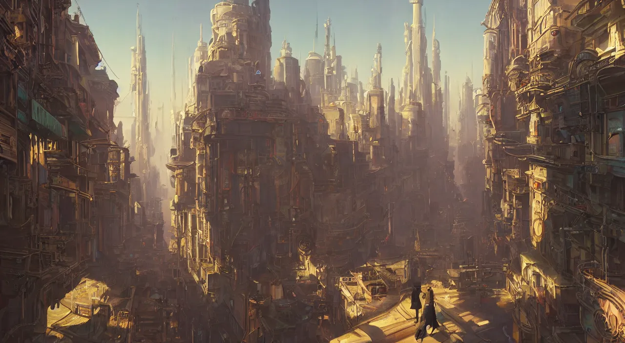 Image similar to a street level painting towards the horizon with high detail, sci - fi colorful victorian city with a victorian astronaut in the foreground at noon with sharp shadows by tyler edlin and sparth, wide angle lens, 4 k, vray, art nouveau influences. roger deakins, cinematic cinematography.