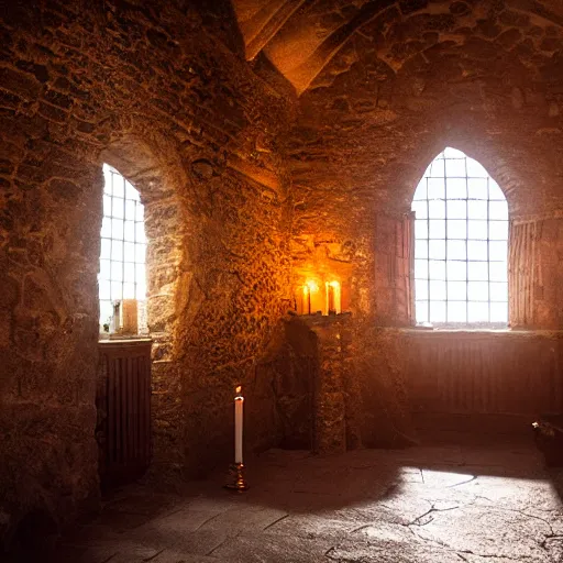 Image similar to the interior of a medieval castle with knights templar, diffused light, candles, mystical