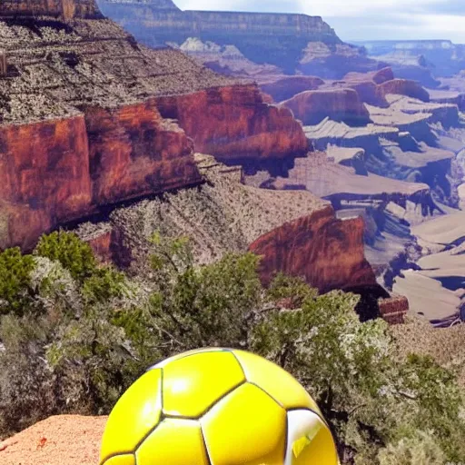 Prompt: Grand Canyon with a lot of soccer balls