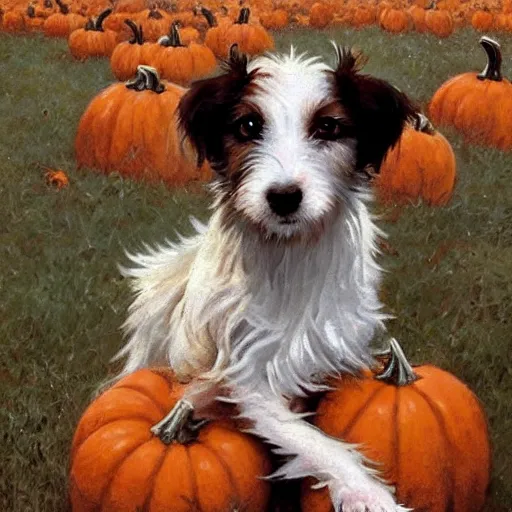 Image similar to a very cute scruffy long haired jack russell terrier puppy, white with chocolate brown spots and a brown patch over both eyes, amidst piles of pumpkins. halloween autumn fall art. beautiful painting by artgerm and greg rutkowski and alphonse mucha