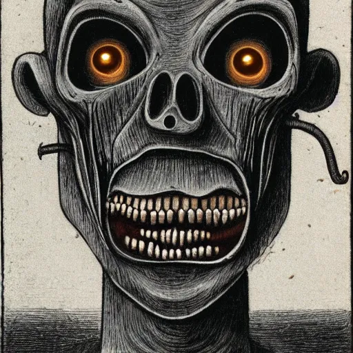 Prompt: humanoid with crooked teeth, black eyes, gaping mouth, alien looking, big forehead, horrifying, killer, creepy, dead, monster, tall, skinny, open mouth, skullish, deathly, in the style of alfred kubin