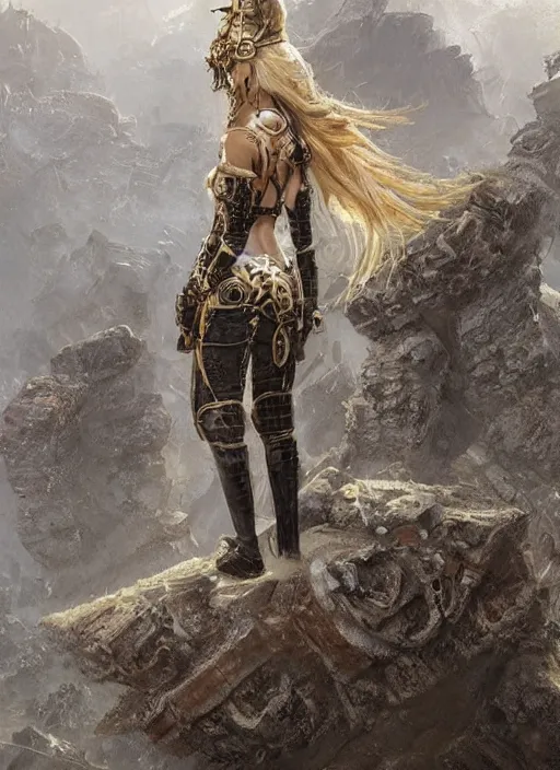 Image similar to highly detailed steampunk armor on a blond who is standing on a rock : greg rutkowski