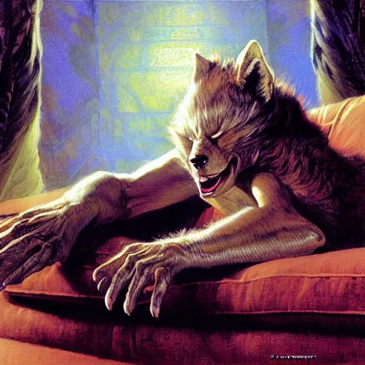 Prompt: a portrait of a furry alien human hybrid sleeping on the couch. highly detailed painting by gaston bussiere, craig mullins, j. c. leyendecker, furry