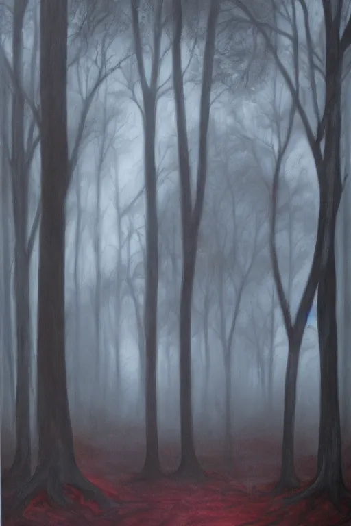 Prompt: dark haunted woods. pan's labyrinth style, atmospheric, foggy, oil painting on canvas. fairytale