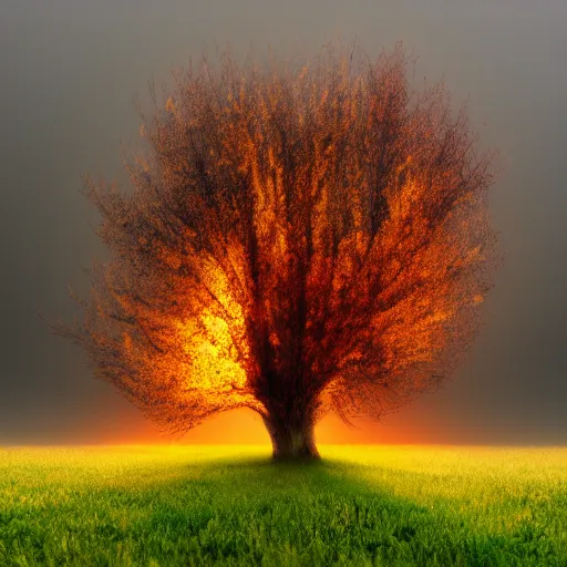 Image similar to a flaming oak tree in an open field with fog, horror, ultrarealism, 8k